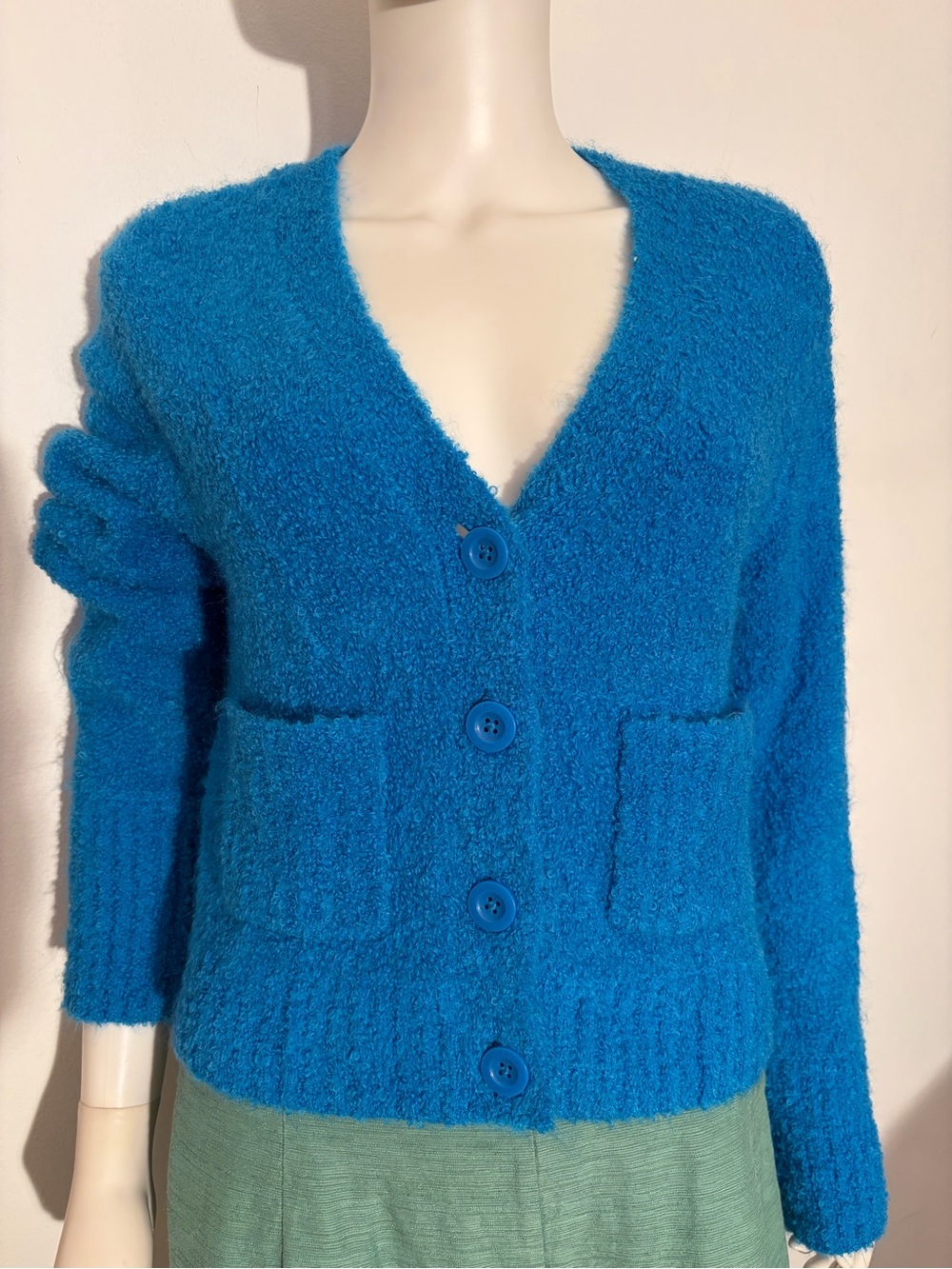 #982 aerie New With Tags. Bright Blue Button-Front Fuzzy V-Neck Cardigan